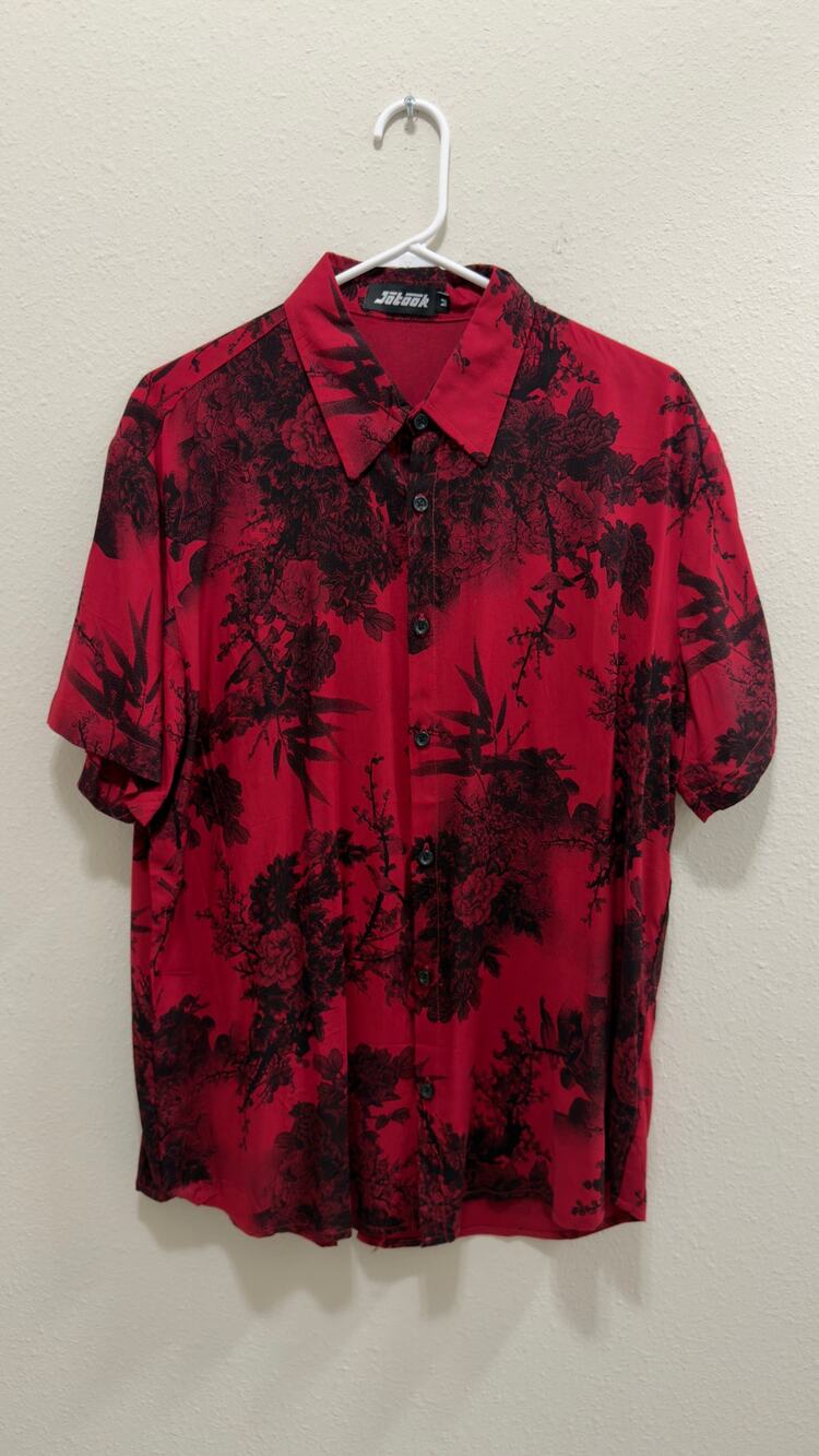 Jotook Men's Red & Black Tropical Floral Short Sleeve Hawaiian Shirt Medium